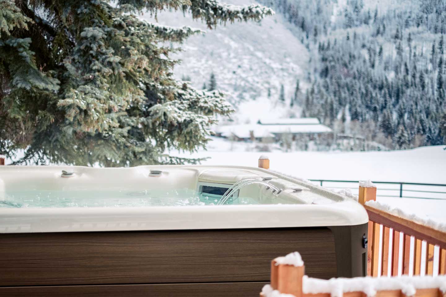 Outdoor Alpine White Walnut Highlife Envoy Hottub with winter scene in background