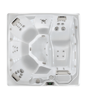 Aerial view of an empty white hot tub with multiple jets and ergonomic seating, suitable for relaxation and hydrotherapy.