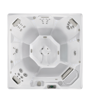 Top-down view of a white, rectangular hot tub. Features multiple seating areas, controls, and jet nozzles for a relaxing spa experience.