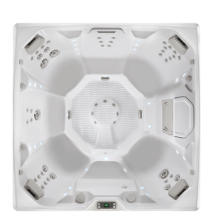 Top view of a white hot tub with multiple seating areas, jets, and a control panel, designed for relaxation and hydrotherapy.