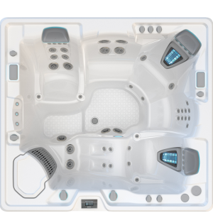 Top-down view of a modern hot tub with multiple seating areas, control panels, and jet placements, designed for relaxation and hydrotherapy.