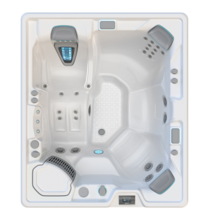Aerial view of a modern hot tub with ergonomic seating, multiple jets, and sleek control panel, designed for relaxation and hydrotherapy.