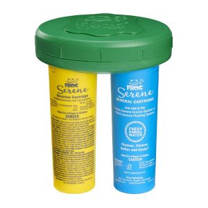 Two cartridges for hot tubs, labeled FROG Serene. One yellow for bromine, one blue for minerals, with a green lid on top.