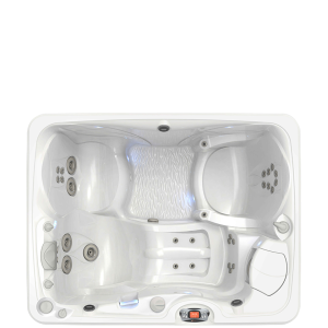 Aerial view of a sleek white hot tub with various jets, built-in seating, and a digital control panel on a plain background.
