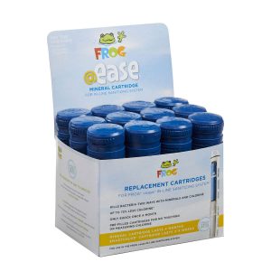 Box of FROG @ease mineral cartridges for hot tub sanitizing. Blue caps, packaged neatly. Promises easy use with reduced chlorine.