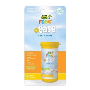 Package of FROG @ease test strips for pool water testing, featuring a yellow container with a frog logo. Contains 30 strips.