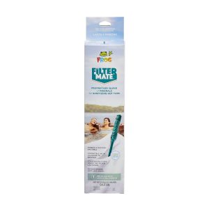 Packaging of Frog Filter Mate, a hot tub sanitizer, features two people in a hot tub and emphasizes mineral water purification.
