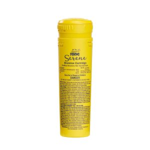 Yellow Frog Serene Bromine Cartridge for hot tub sanitation, featuring product details and safety warnings. Designed for water purification and maintenance.