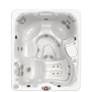Top-down view of an unoccupied, modern white hot tub featuring multiple jets, ergonomic seating arrangements, and a control panel at the base.