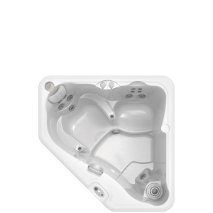 An empty, white corner hot tub with multiple jets and ergonomic seating, viewed from above on a plain black background.