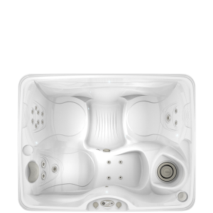 Aerial view of an empty, white hot tub with various jets and control panel, set against a plain black background.