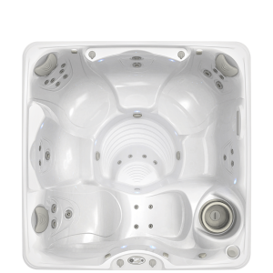 Aerial view of an empty, high-end square hot tub with multiple seats, jets, and controls, featuring a modern, sleek design.