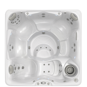 A white, rectangular hot tub with multiple seating areas and jet placements, designed for relaxation and hydrotherapy.