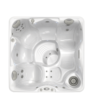 Top-down view of an empty, white jacuzzi with multiple seats and built-in jets, featuring a control panel at the bottom.