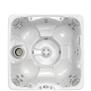 Aerial view of an empty, modern white hot tub with multiple seats and jets, designed for relaxation and hydrotherapy.