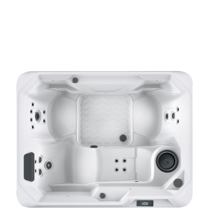 A top-down view of a white hot tub with multiple jet placements. Visible seating contours and a digital control panel are included.