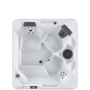 Aerial view of a white modern hot tub with four seating areas and multiple jets, designed for relaxation and hydrotherapy.