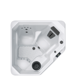 Aerial view of a small, modern, white hot tub with two seats and multiple jets, designed for relaxation and comfort in compact spaces.