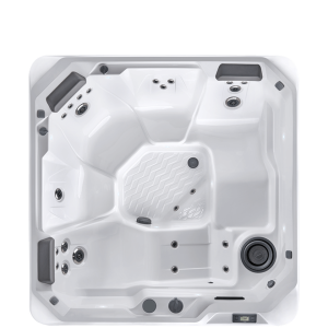Top-down view of an empty white hot tub with multiple jets, seats, and controls, designed for relaxation and hydrotherapy.