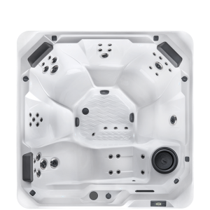 A top-down view of a white jacuzzi, featuring multiple jets and seating areas for relaxation, designed for comfort and luxury bathing.