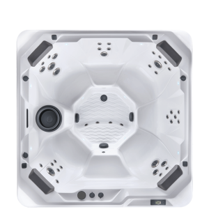 Square hot tub with multiple jets and seats, top view. Controls visible on one side. White and gray color scheme, modern design.