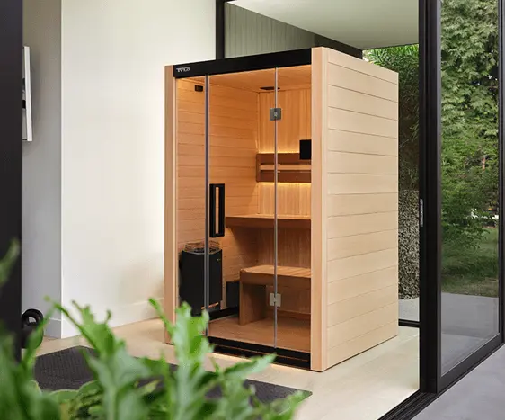 A modern indoor sauna with glass doors is positioned in a bright, plant-filled room, adjacent to a large window showcasing an outdoor view.