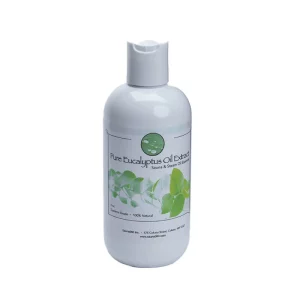 A white bottle labeled "Pure Eucalyptus Oil Extract" for sauna use, featuring green leaves and branding details on a plain background.