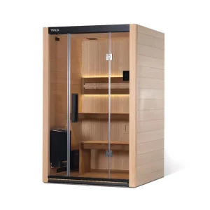 A modern, compact wooden sauna with glass doors, featuring interior lighting and seating. The design is sleek, minimalistic, and functional for relaxation.
