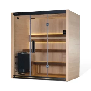 Wooden sauna with glass doors, interior benches, and modern lighting. Sleek design featuring a heating unit on the left side.