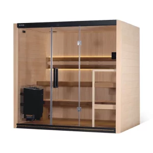 A modern indoor sauna with wooden interior, featuring glass doors. Includes benches and a heating element, designed for relaxation and wellness.