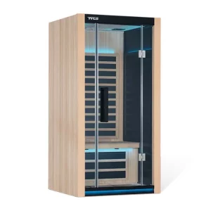 A modern, wood-paneled sauna with glass doors and blue interior lighting, designed for personal use, displaying a sleek, contemporary aesthetic.