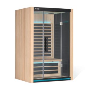 Modern wooden infrared sauna with glass doors, illuminated interior, and bench seating, providing a sleek and compact design for relaxation and wellness.