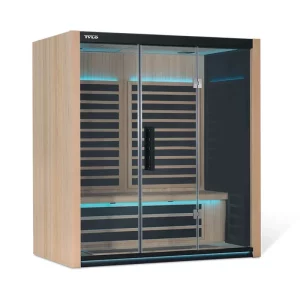A modern wooden infrared sauna with a glass door and LED lighting, featuring horizontal slatted walls and a minimalist design.