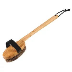 Long-handled wooden bath brush with a bristle head and a black strap, designed for body scrubbing or exfoliation. Ideal for reaching back.
