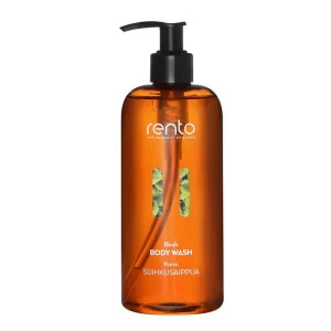 Amber bottle of Rento Birch Body Wash with pump dispenser; "The Harmony of Sauna" text on label, featuring leaf design elements.