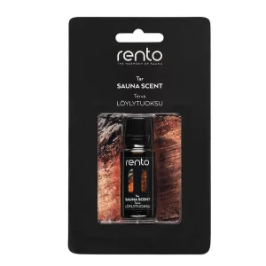 Compact bottle of Rento tar-scented sauna oil in black packaging, emphasizing relaxation and harmony for a soothing sauna experience.