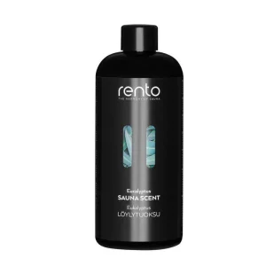 A black bottle labeled "Rento" contains eucalyptus sauna scent. The packaging is sleek, with a display of eucalyptus leaves visible through the bottle.