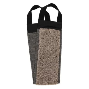 A dual-handled body scrubber with a textured beige fabric section and black handles, designed for exfoliating and cleaning during shower or bath.