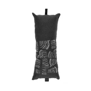 Rectangular gray sauna pillow with embroidered geometric patterns and a hanging loop on top. Features a small black tag at the bottom.