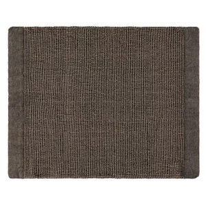 A rectangular dark-textured rug with subtle horizontal stripes and reinforced edges, lying flat on a surface.