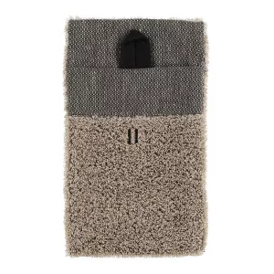 A textured cleaning mitt with black and beige fabric, featuring a loop for hanging, designed for practical cleaning tasks and scrubbing surfaces.