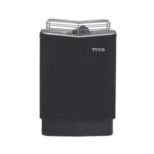A black Tylö electric sauna heater with a metal grill on top, designed for stone placement, against a white background.