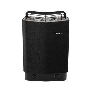 A black sauna heater with controls and rocks on top, branded "Tylö," designed for efficient sauna heating in compact spaces.