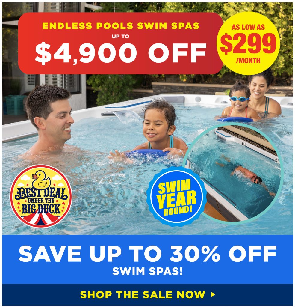 A family enjoys a swim spa. Promotion offers up to $4,900 off. Encouragement to swim year-round and save up to 30%.