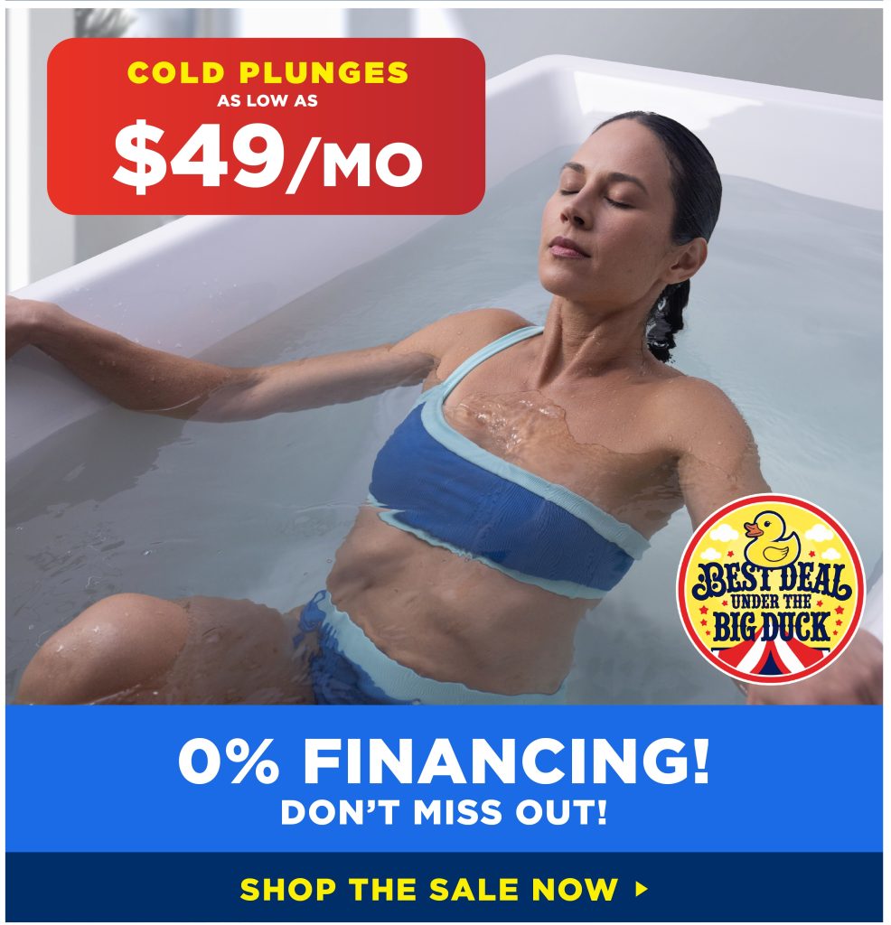 A person relaxes in a cold plunge tub. Advertisement offers prices starting at $49 per month with 0% financing. "Best Deal" promotion included.