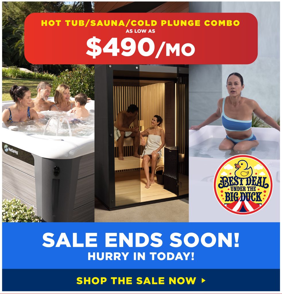 Hot tub and sauna promotion featuring people relaxing. "Best Deal" logo with a duck. Sale ends soon at $490/month. Shop now message displayed.
