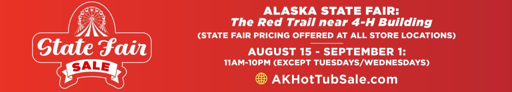 Red banner promoting Alaska State Fair sale, featuring a Ferris wheel and sale details. Event runs August 15 - September 1, excluding Tuesdays/Wednesdays.