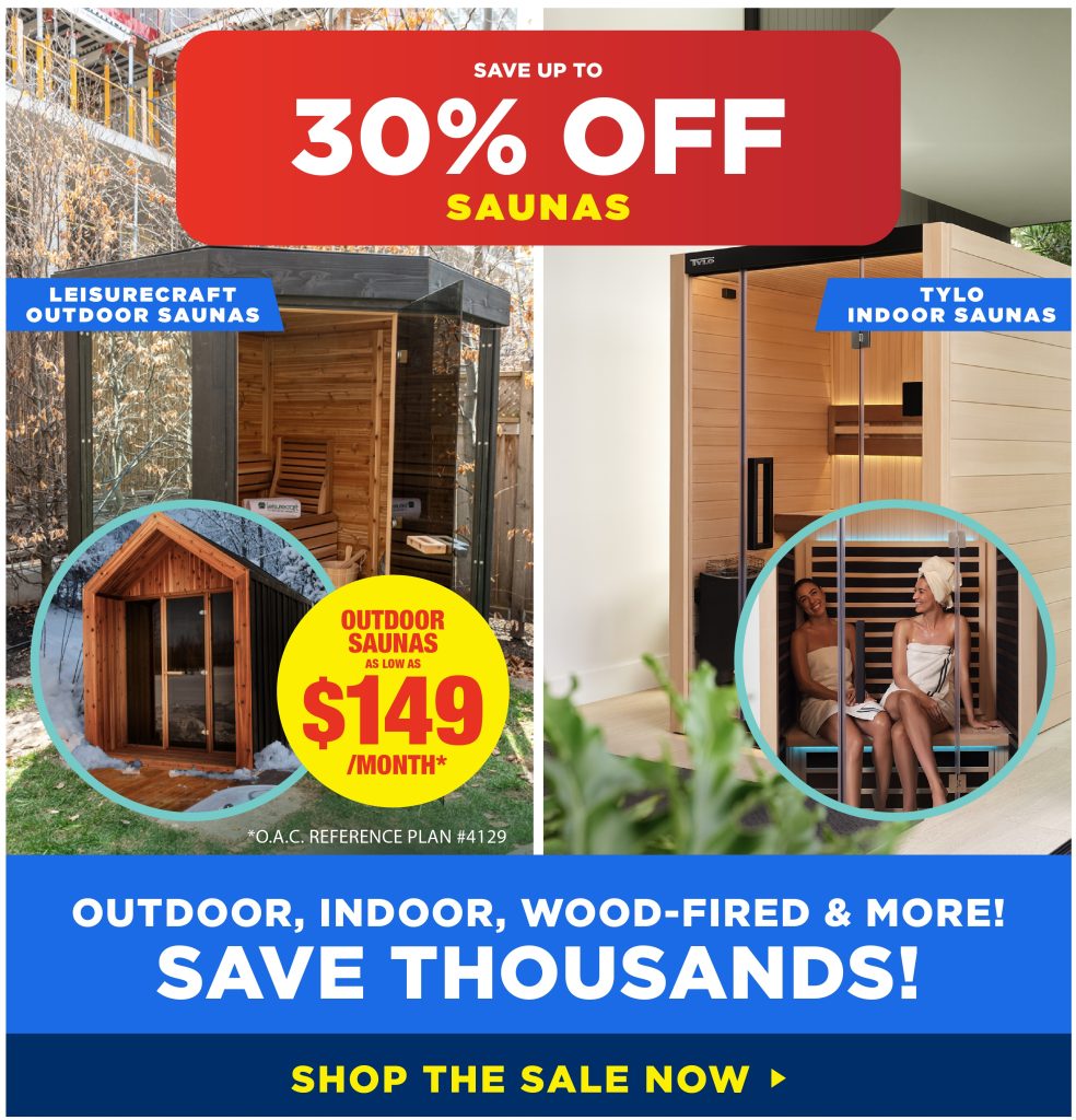 Advertisement offers 30% off saunas. Features outdoor and indoor options with smiling people relaxing. Prices start at $149/month. Encourages immediate purchase.