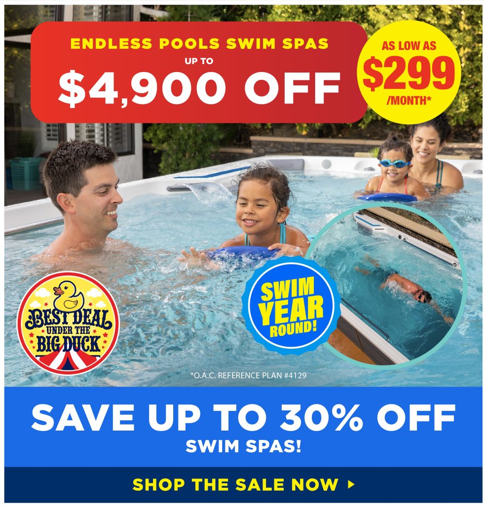 Three people enjoy a swim spa in a backyard. Advertisement offers discounts on Endless Pools Swim Spas, promoting savings and year-round swimming benefits.